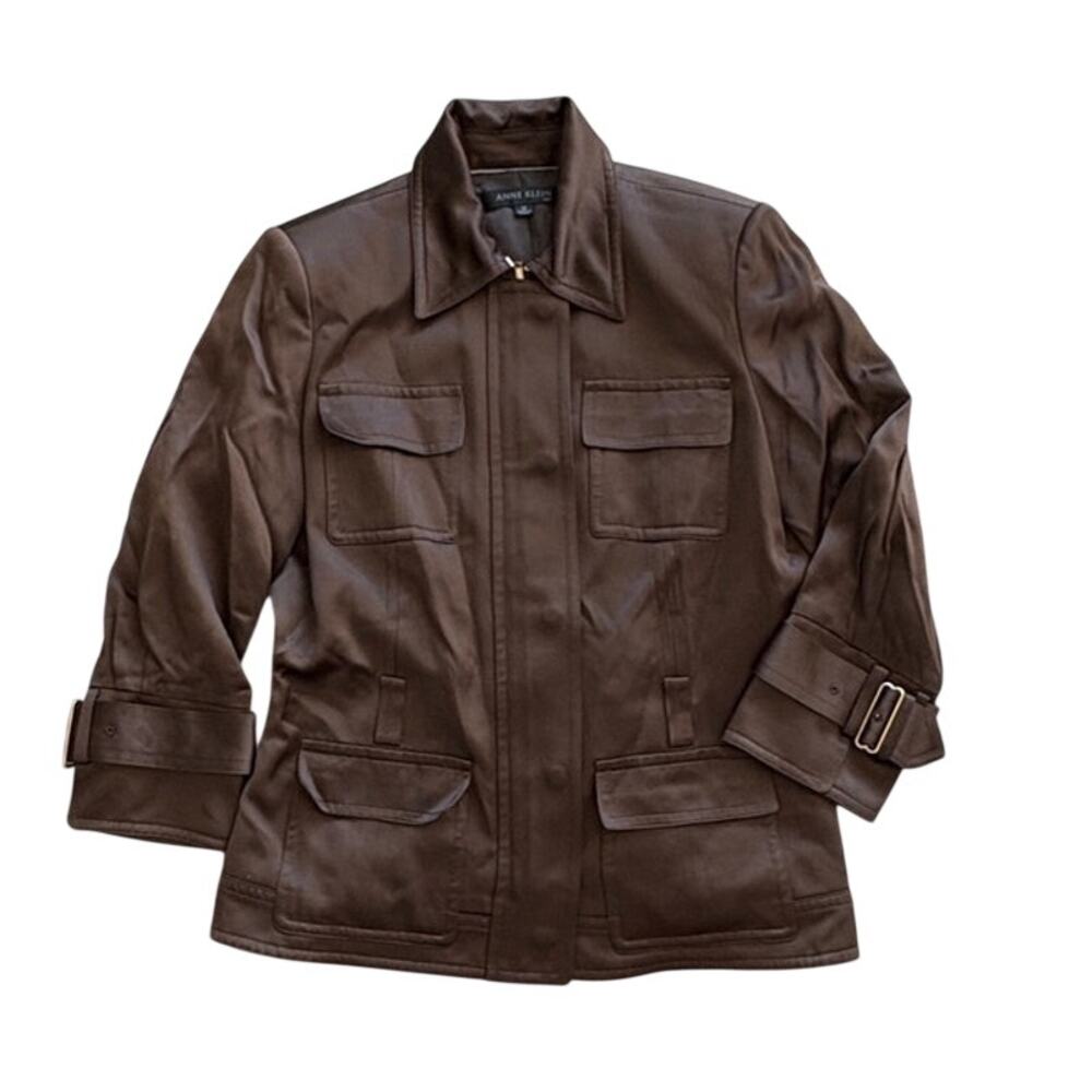 Anne Klein Suit Brown Satin Utility Jacket Size 10 Equestrian Safari Field Coat